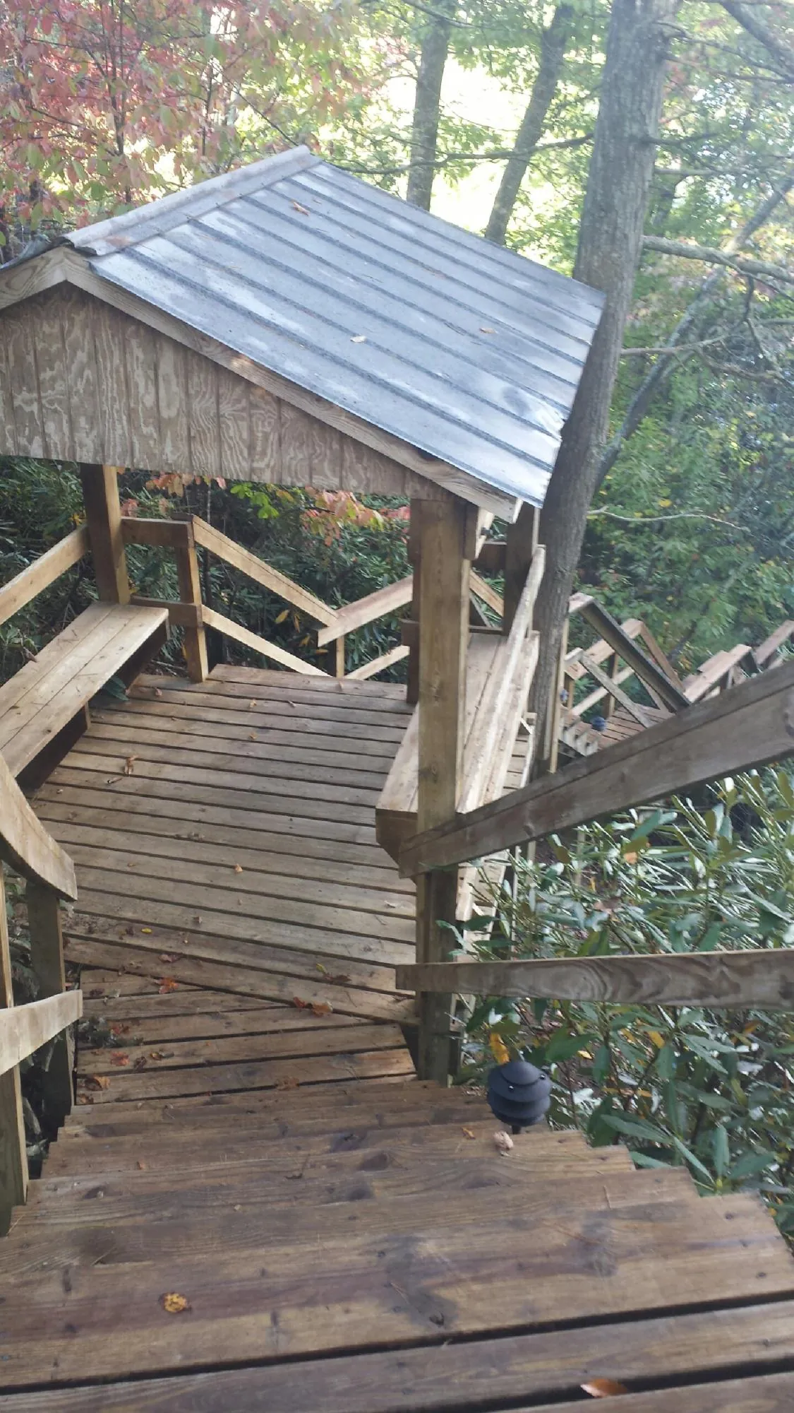 Metal roofed shelter over wooden steps on a wooded walkway — Skylight Repair & Installation work by our crew in Netawaka